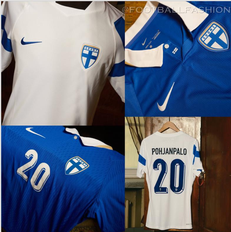 Official Nike Finland 2026/27 Jersey collection showcasing both the white home kit with traditional blue sleeve details and the blue away kit featuring a white polo collar.
