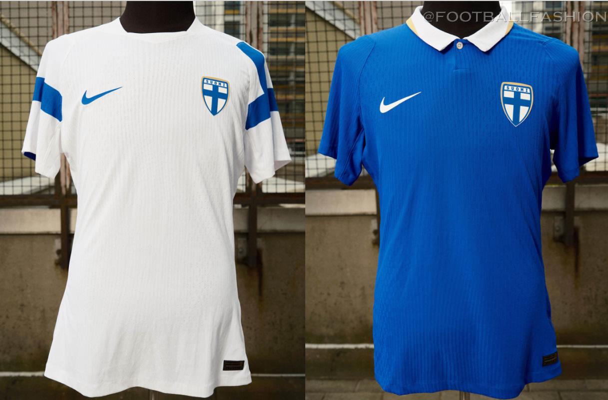 Official Nike Finland 2026/27 Jersey collection showcasing both the white home kit with traditional blue sleeve details and the blue away kit featuring a white polo collar.