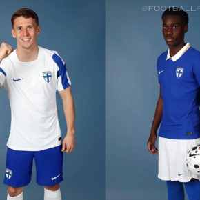 Official Nike Finland 2026/27 Jersey collection showcasing both the white home kit with traditional blue sleeve details and the blue away kit featuring a white polo collar.