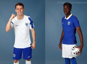 Official Nike Finland 2026/27 Jersey collection showcasing both the white home kit with traditional blue sleeve details and the blue away kit featuring a white polo collar.