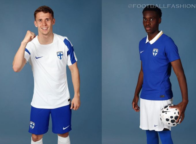 Official Nike Finland 2026/27 Jersey collection showcasing both the white home kit with traditional blue sleeve details and the blue away kit featuring a white polo collar.