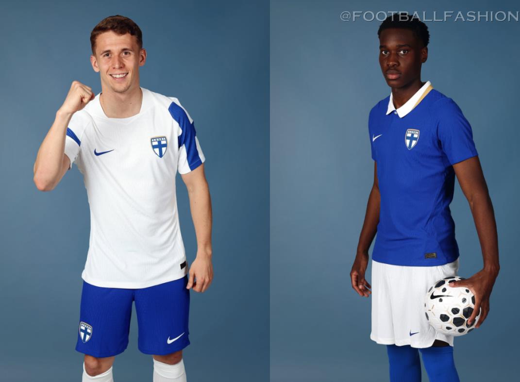 Official Nike Finland 2026/27 Jersey collection showcasing both the white home kit with traditional blue sleeve details and the blue away kit featuring a white polo collar.