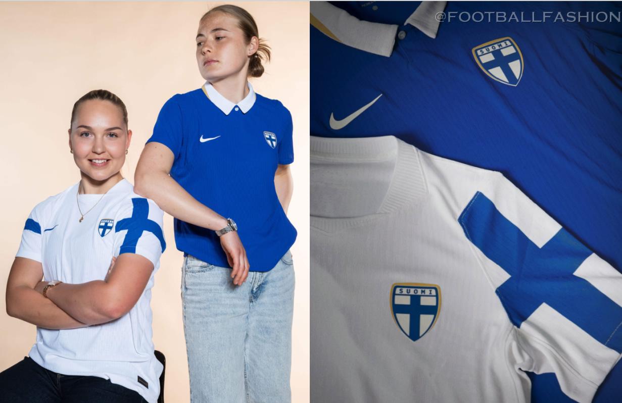 Official Nike Finland 2026/27 Jersey collection showcasing both the white home kit with traditional blue sleeve details and the blue away kit featuring a white polo collar.