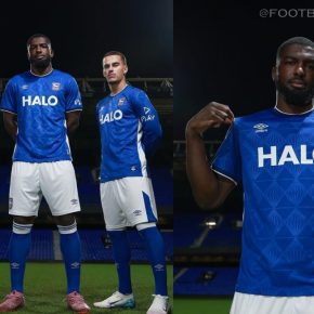 Ipswich Town Football Club 2026/27 home jersey showing the blue shirt with Portman Road floodlight emboss pattern and white side panels.
