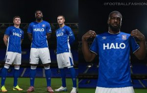 Ipswich Town Football Club 2026/27 home jersey showing the blue shirt with Portman Road floodlight emboss pattern and white side panels.