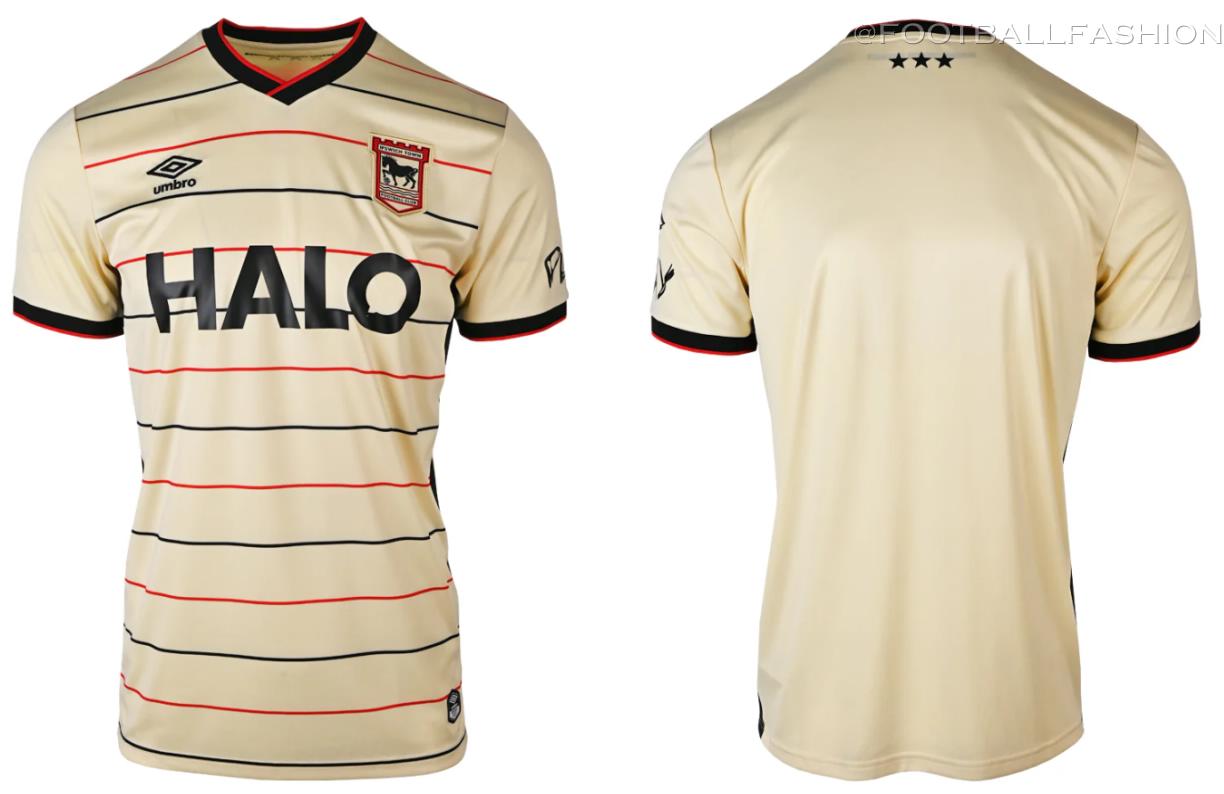Ipswich Town Football Club 2026/27 away jersey featuring the cream base with red and black horizontal lines.