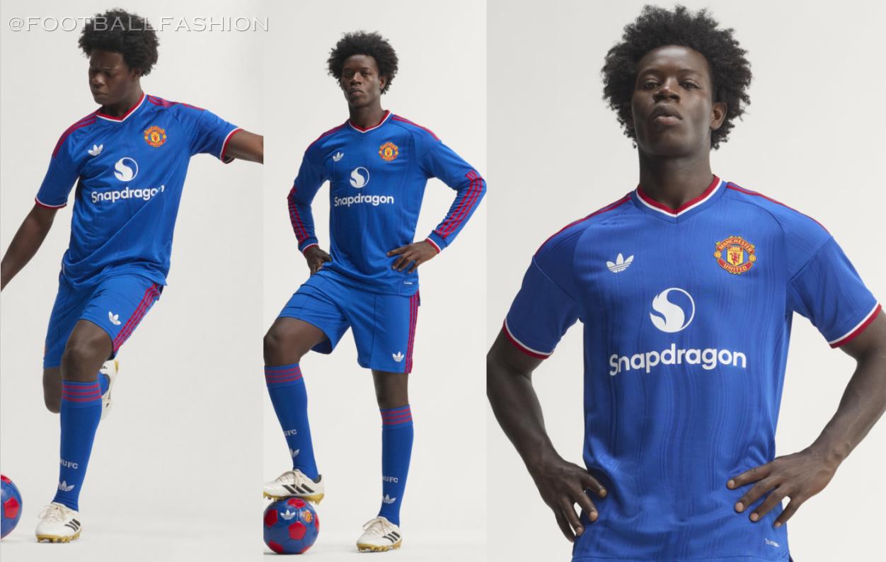 Manchester United 2026/27 royal blue away jersey by adidas with red shoulder stripes and Trefoil logo.