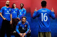 Manchester United 2026/27 royal blue away jersey by adidas with red shoulder stripes and Trefoil logo.