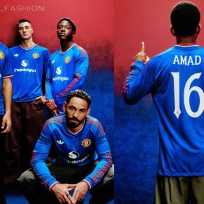 Manchester United 2026/27 royal blue away jersey by adidas with red shoulder stripes and Trefoil logo.
