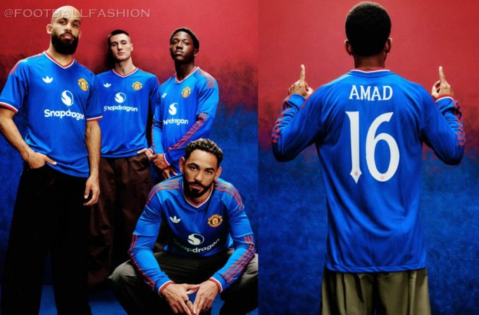 Manchester United 2026/27 royal blue away jersey by adidas with red shoulder stripes and Trefoil logo.