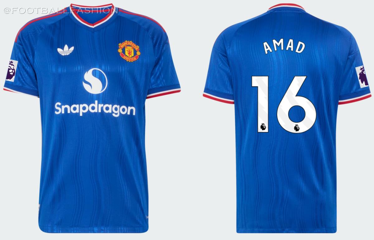 Manchester United 2026/27 royal blue away jersey by adidas with red shoulder stripes and Trefoil logo.