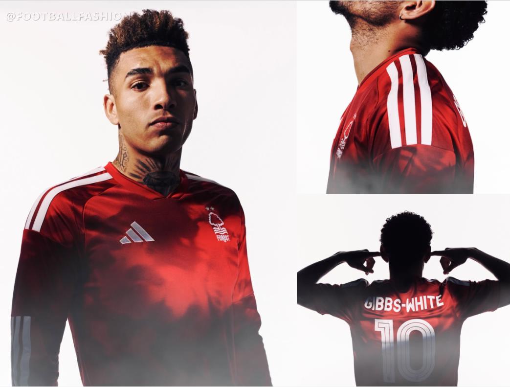 Front view of the Nottingham Forest Football Club 2026/27 jersey by adidas showing the Garibaldi base and V-neck collar design.