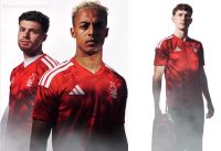 Front view of the Nottingham Forest Football Club 2026/27 jersey by adidas showing the Garibaldi base and V-neck collar design.