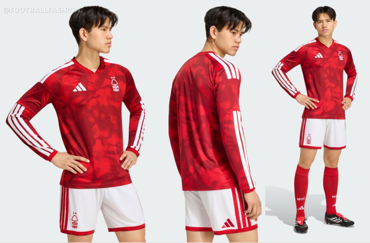 Front view of the Nottingham Forest Football Club 2026/27 jersey by adidas showing the Garibaldi base and V-neck collar design.