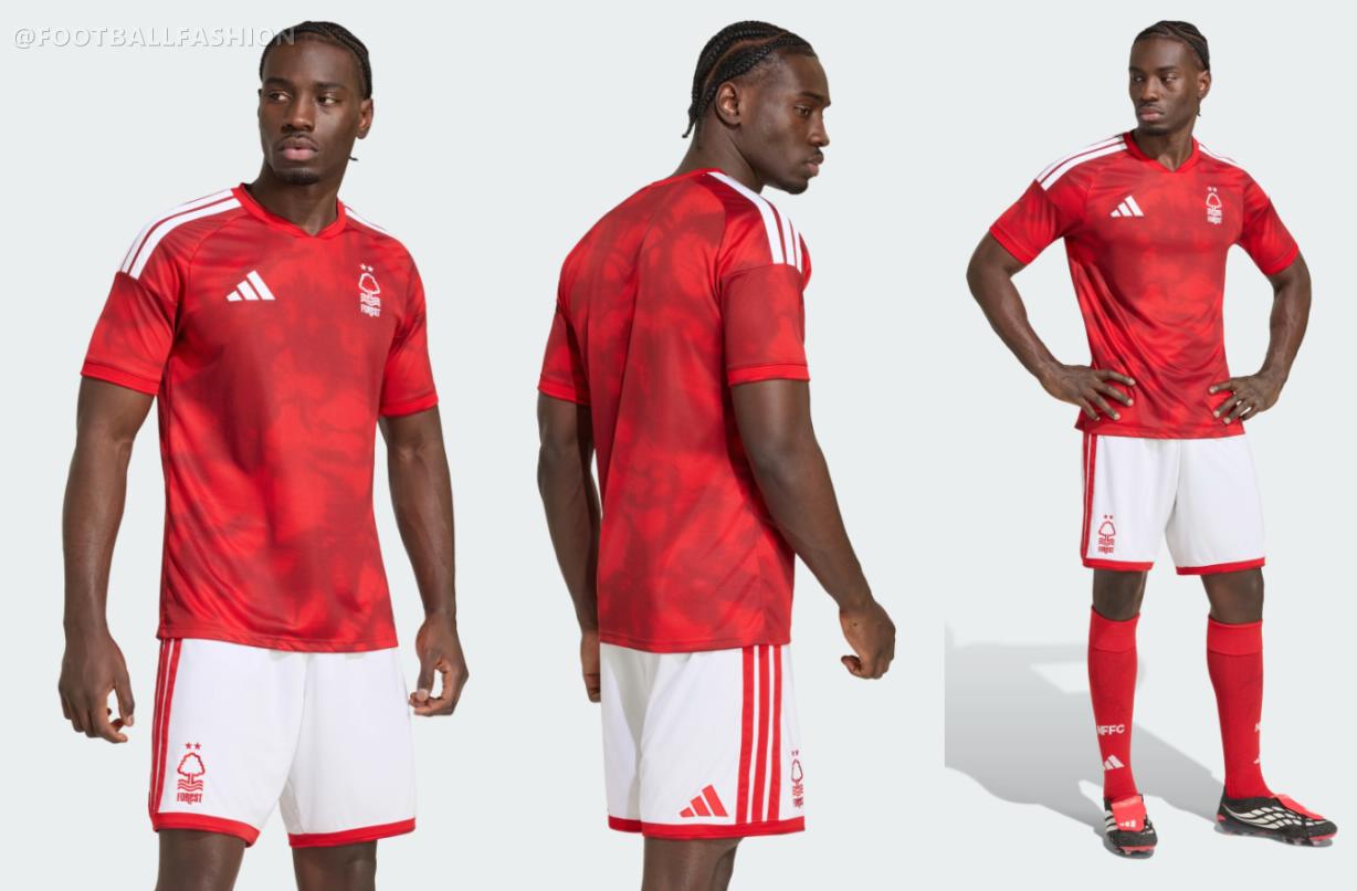 Front view of the Nottingham Forest Football Club 2026/27 jersey by adidas showing the Garibaldi base and V-neck collar design.
