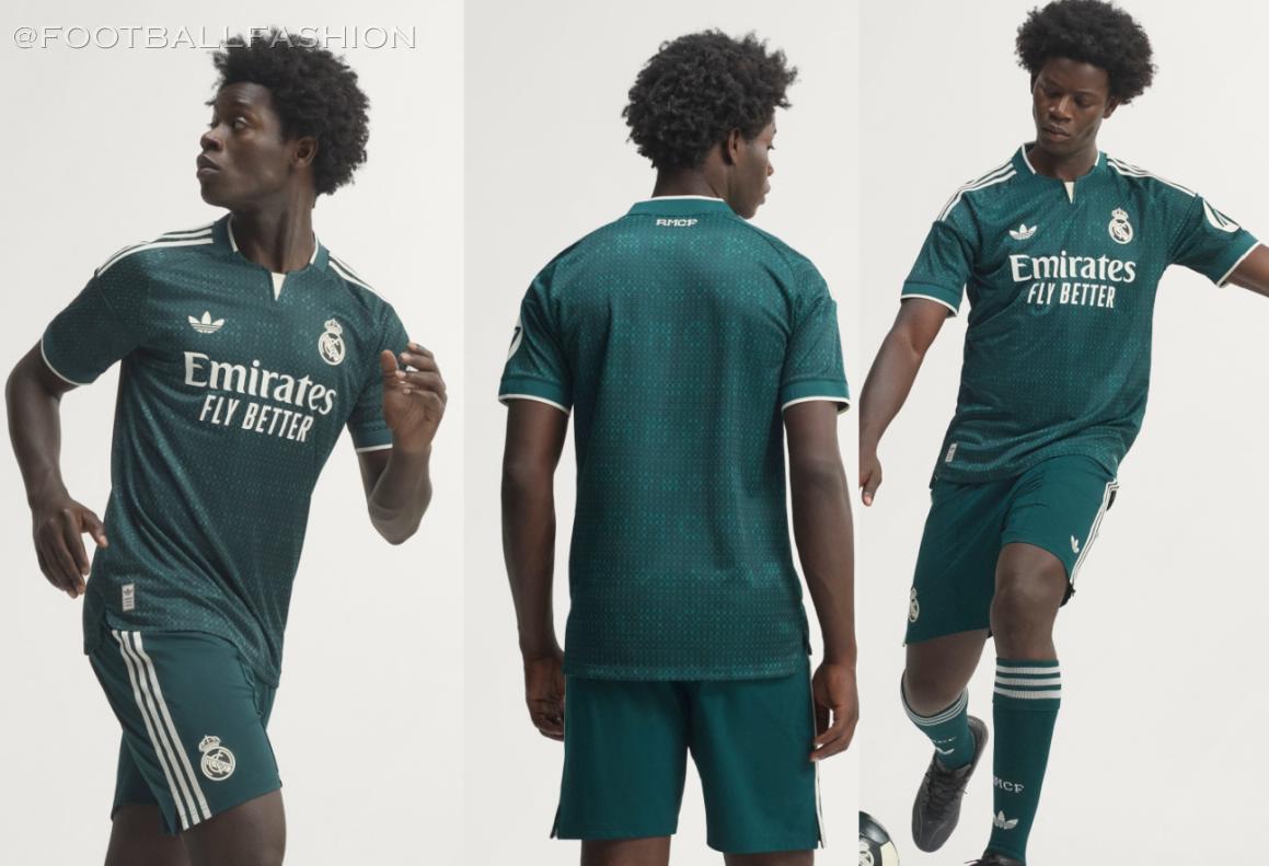 Real Madrid 2026/27 jersey away kit in dark green with off-white trim and geometric pattern by adidas.