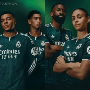 Real Madrid 2026/27 jersey away kit in dark green with off-white trim and geometric pattern by adidas.