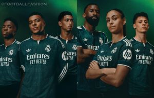 Real Madrid 2026/27 jersey away kit in dark green with off-white trim and geometric pattern by adidas.