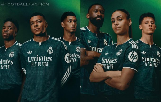 Real Madrid 2026/27 jersey away kit in dark green with off-white trim and geometric pattern by adidas.