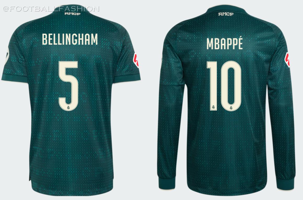 Real Madrid 2026/27 jersey away kit in dark green with off-white trim and geometric pattern by adidas.