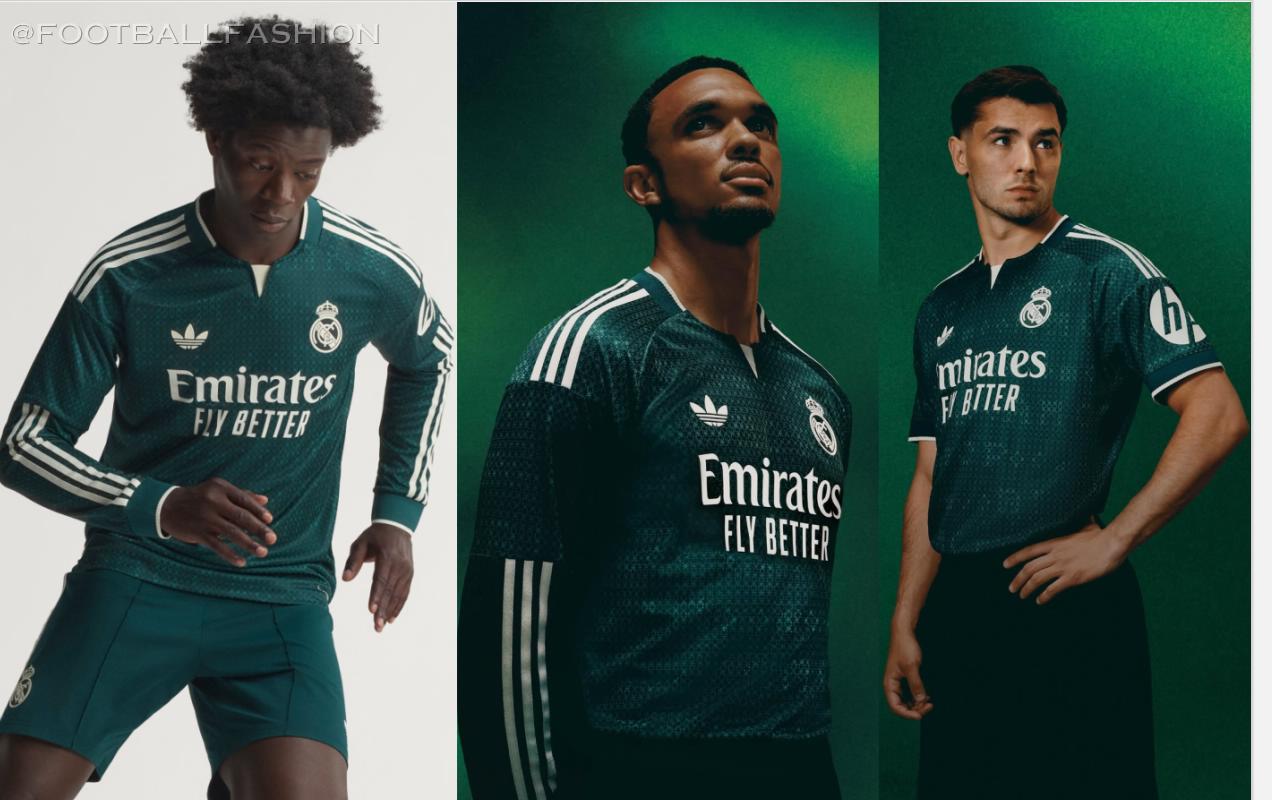 Real Madrid 2026/27 jersey away kit in dark green with off-white trim and geometric pattern by adidas.