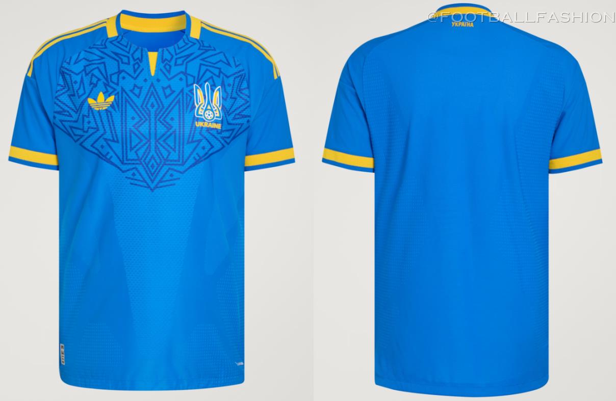 The bright blue Ukraine 2026/27 Jersey away kit by adidas featuring geometric patterns on the chest and the Originals Trefoil logo.