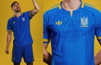 The bright blue Ukraine 2026/27 Jersey away kit by adidas featuring geometric patterns on the chest and the Originals Trefoil logo.