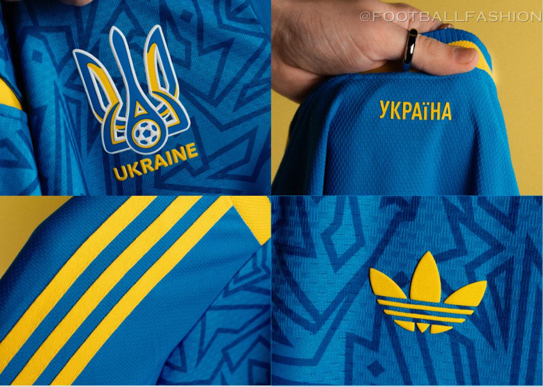 The bright blue Ukraine 2026/27 Jersey away kit by adidas featuring geometric patterns on the chest and the Originals Trefoil logo.