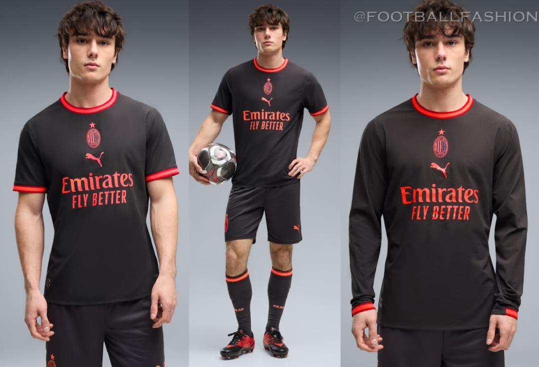 AC Milan 2026 Kit Third jersey by PUMA featuring a black base and fluorescent red details.