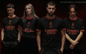 AC Milan 2026 Kit Third jersey by PUMA featuring a black base and fluorescent red details.