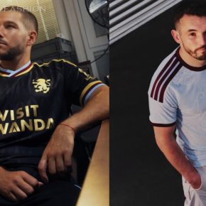 Aston Villa 2026/27 adidas jersey displaying light blue fabric with claret trim and embossed mosaic patterns.