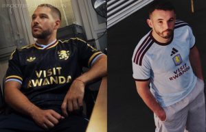 Aston Villa 2026/27 adidas jersey displaying light blue fabric with claret trim and embossed mosaic patterns.