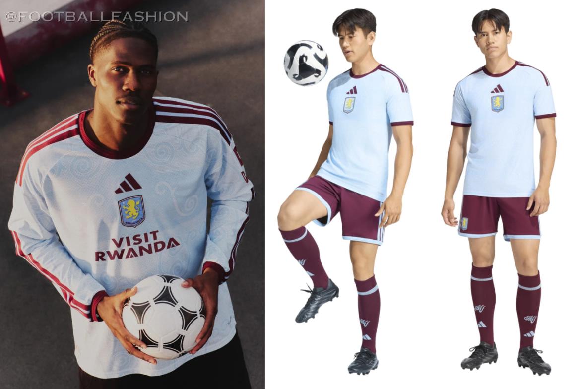 Aston Villa 2026/27 adidas jersey displaying light blue fabric with claret trim and embossed mosaic patterns.