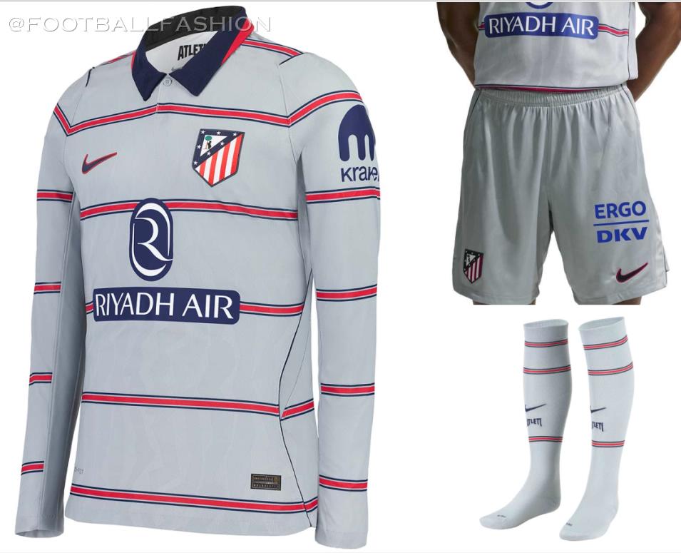 Nike Atlético Madrid 2026/27 third kit featuring a grey shirt with six thin red and blue hoops, blue collar, and grey shorts.