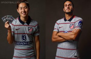 Nike Atlético Madrid 2026/27 third kit featuring a grey shirt with six thin red and blue hoops, blue collar, and grey shorts.