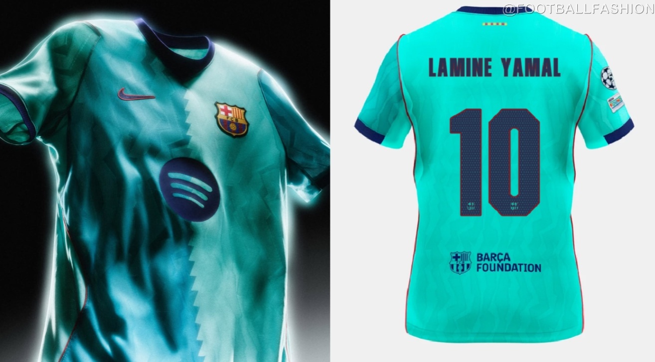 Barcelona 2026/27 third kit shirt in Frost Green and Cactus Dust with dark blue collar and club crest.