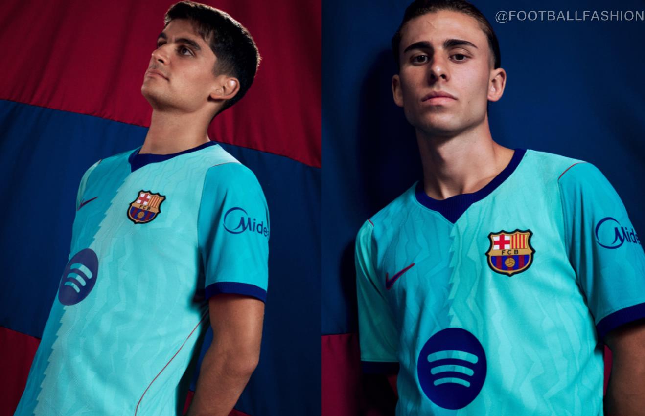 Barcelona 2026/27 third kit shirt in Frost Green and Cactus Dust with dark blue collar and club crest.