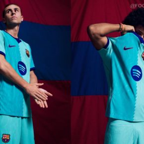 Barcelona 2026/27 third kit shirt in Frost Green and Cactus Dust with dark blue collar and club crest.