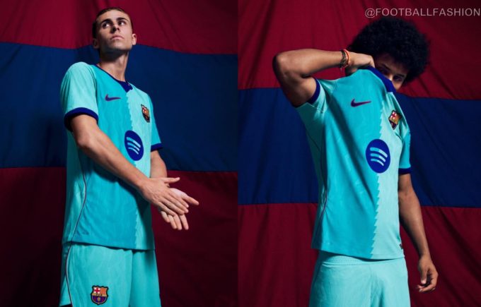 Barcelona 2026/27 third kit shirt in Frost Green and Cactus Dust with dark blue collar and club crest.