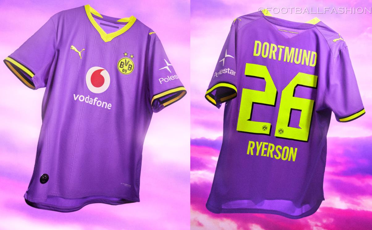 Borussia Dortmund 2026/27 kit featuring the all-black away shirt and bright purple third shirt by PUMA.