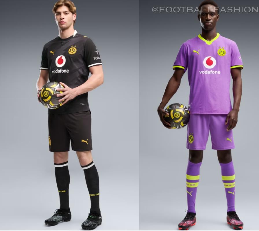 Borussia Dortmund 2026/27 kit featuring the all-black away shirt and bright purple third shirt by PUMA.