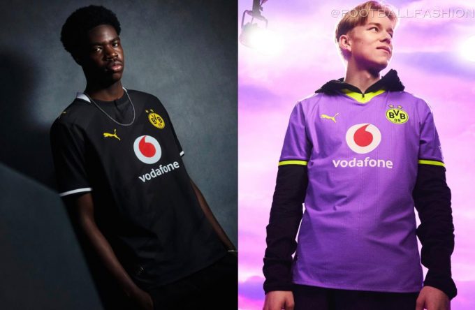 Borussia Dortmund 2026/27 kit featuring the all-black away shirt and bright purple third shirt by PUMA.