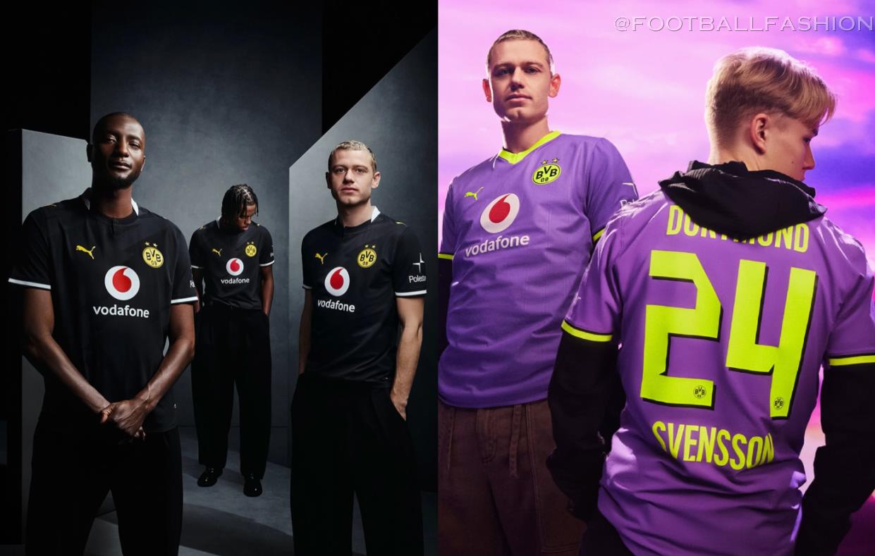 Borussia Dortmund 2026/27 kit featuring the all-black away shirt and bright purple third shirt by PUMA.
