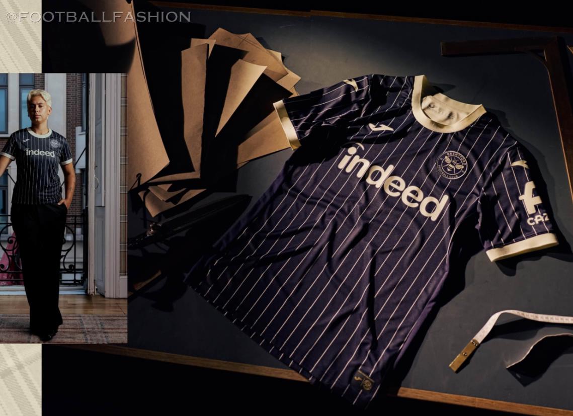 Brentford FC 2026/27 Joma away jersey in navy and cream pinstripes alongside the yellow third jersey