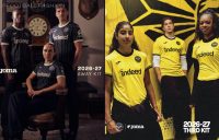 Brentford FC 2026/27 Joma away jersey in navy and cream pinstripes alongside the yellow third jersey