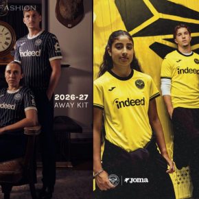 Brentford FC 2026/27 Joma away jersey in navy and cream pinstripes alongside the yellow third jersey