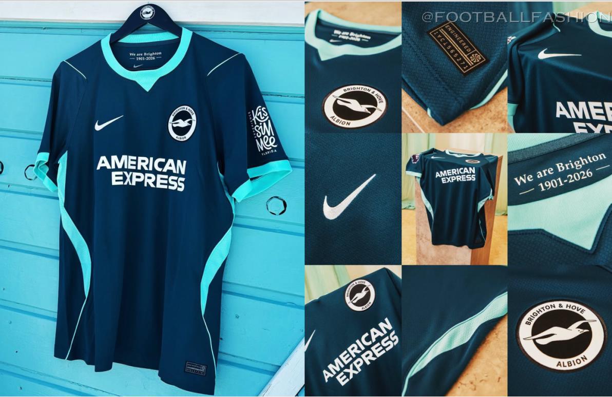 Brighton & Hove Albion 2026/27 Third jersey in deep teal with hyper turq accents and white embroidered Nike swoosh.