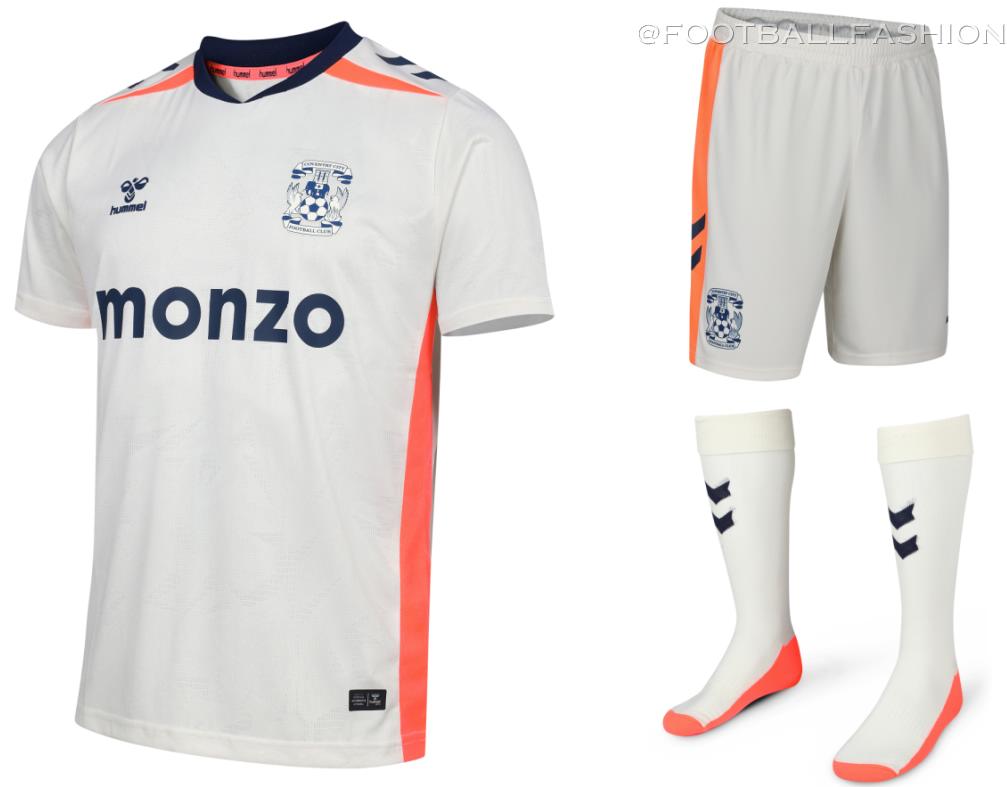Coventry City 2026/27 jersey away kit featuring off-white fabric with hot coral side panels and navy accents