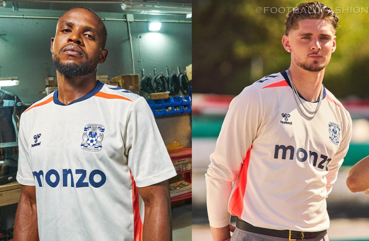 Coventry City 2026/27 jersey away kit featuring off-white fabric with hot coral side panels and navy accents