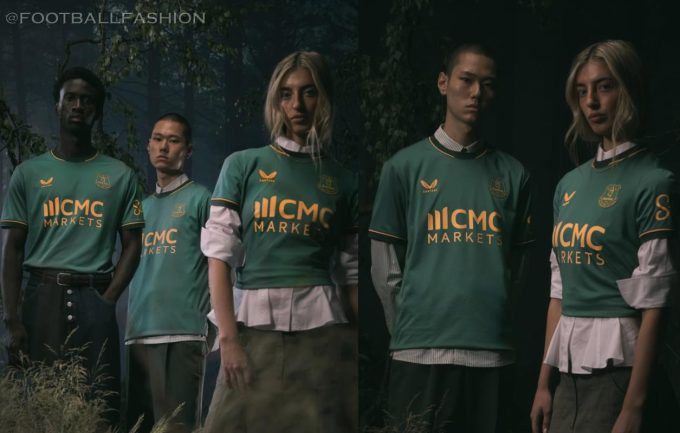 Everton 2026/27 kit green third shirt with dark green collar and orange trim